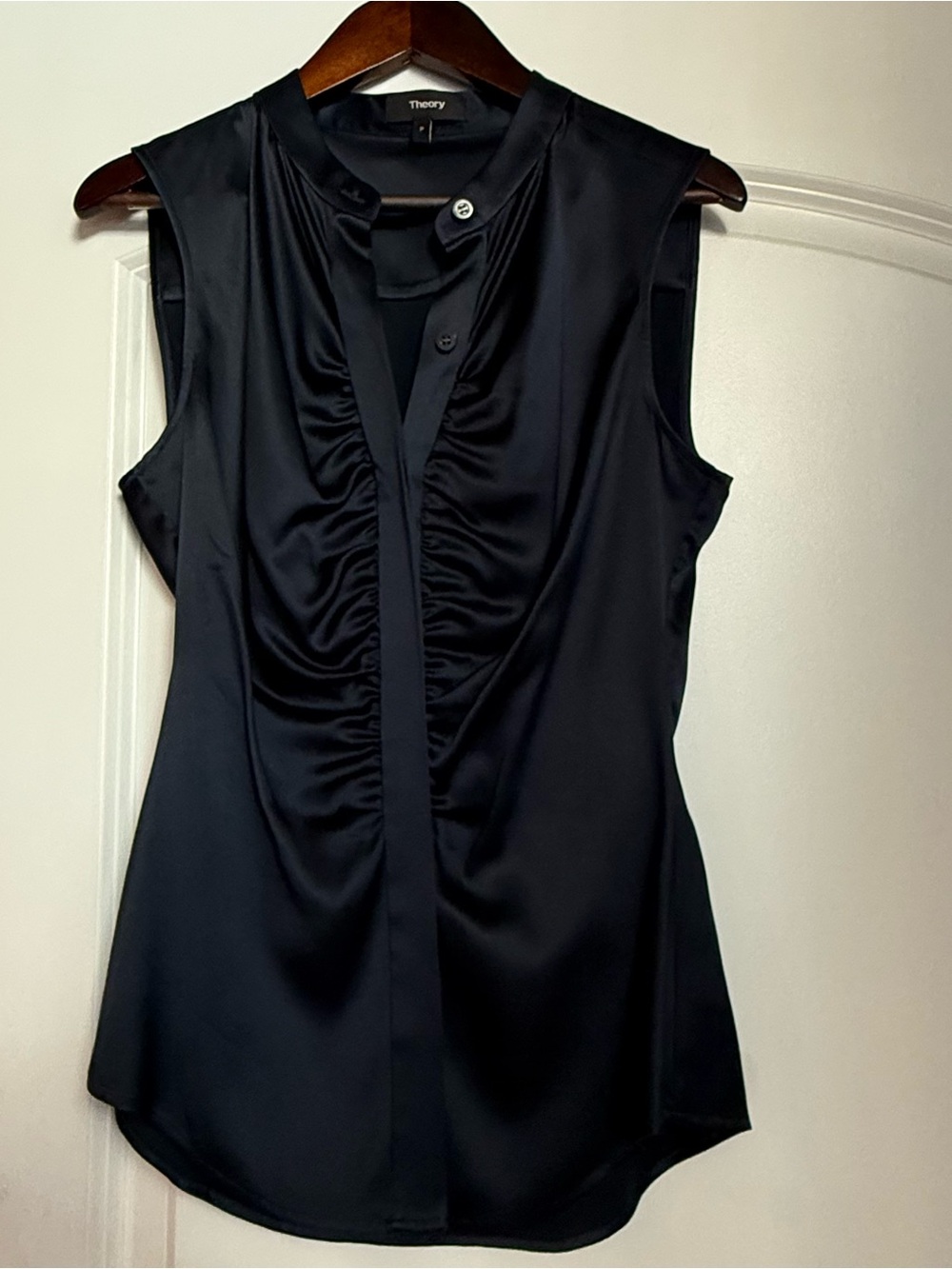 Theory Black Sleeveless Ruched-Front Silk Blouse
